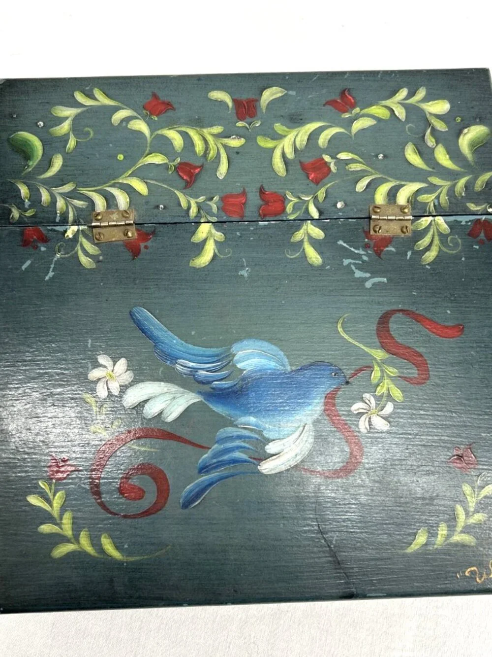 Folk Art Wood Lap Writing Desk Slanted Hand Painted Bluebird Country Floral Tole